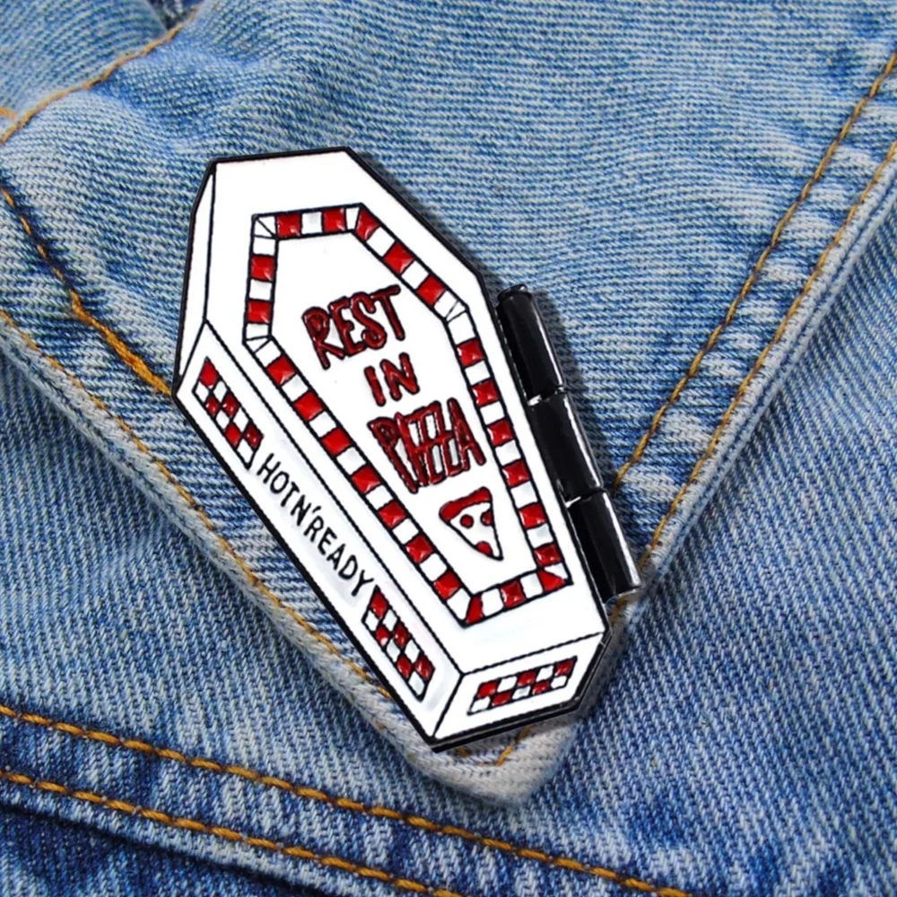 Pizza Coffin Skeleton Pin NEW Rest in Pizza Brooch Halloween Opening Hot n Ready